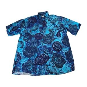 Gottex‎ Large Blue Hawaiian Fish Shell Print Short Sleeve Button Up Shirt Animal